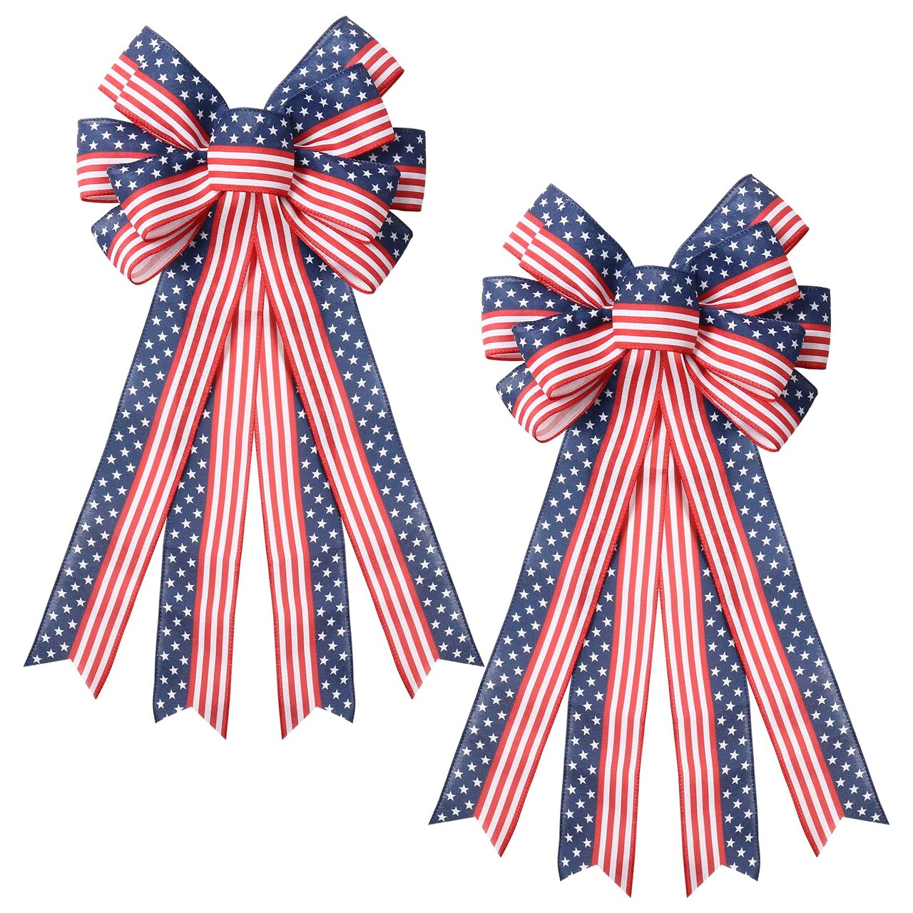 2PCS 4th of July Decorations, Red White Blue Wreath Decor for Front Door, Stripe Stars Tree Topper Patriotic Bows, for Independence Day, Memorial Day, Indoor/Outdoor Home Holiday Party.